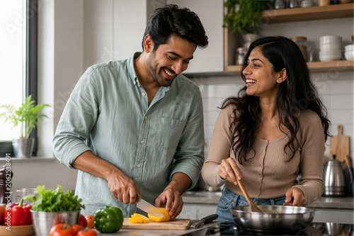 Happy Indian Couple Cooking Healthy Meal Together in Modern Home Kitchen