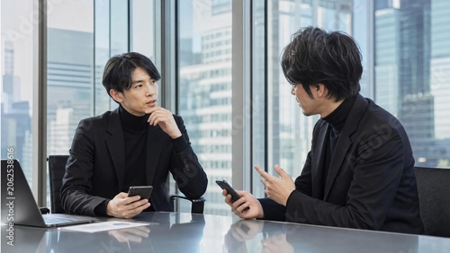 Professional Business Meeting with Two Executives Discussing Strategy in Modern Office