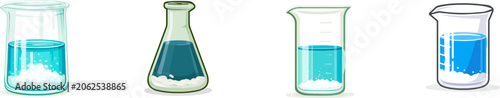 A flat vector illustration of a glass laboratory beaker filled with blue liquid and a powdery white chemical precipitate settling at the bottom, set against a clean white background