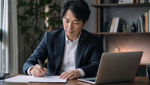 Professional businessman writing notes while working on laptop in modern office setting