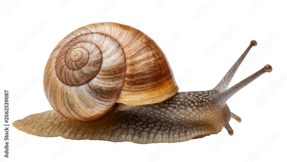 Obraz premium Garden snail with brown spiral shell and antennae