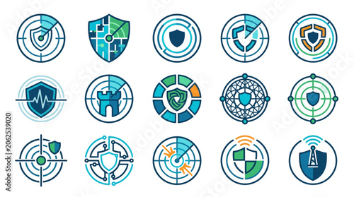 Cybersecurity icons with shields and graphs.