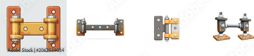 A heavy, rusted iron canal lock gate hinge features industrial structural bolts, thick mounting plates, weathered metal gradients, clean lines, and is isolated on a solid white background
