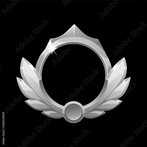 Silver game level frame icon with shiny laurel leaves