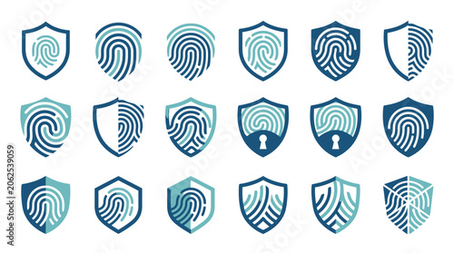 Digital security icons with fingerprints and shields.