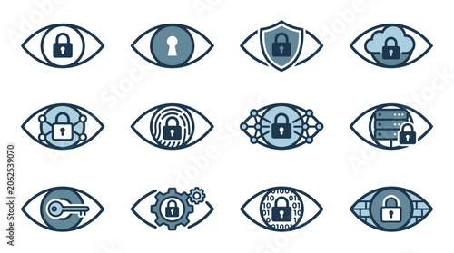Digital security icons with eye and lock.