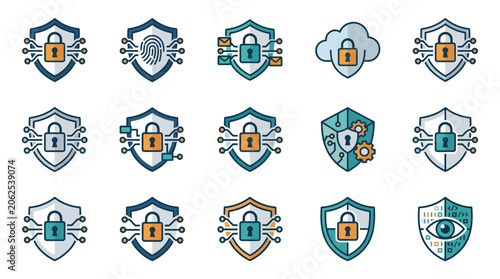 Digital security shield icons with locks.