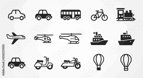 Transportation Icons: Car, Bus, Bike, Train, Plane, Helicopter, Boat, Hot Air Balloon