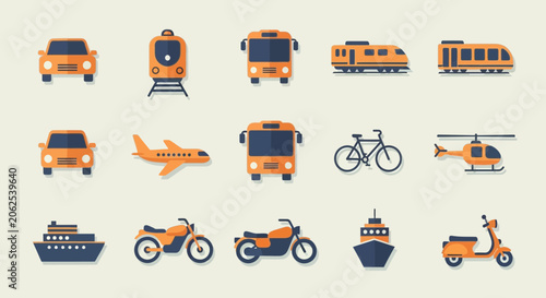Orange Transportation Icons: Cars, Trains, Buses, Plane, Bike, Ship, Helicopter