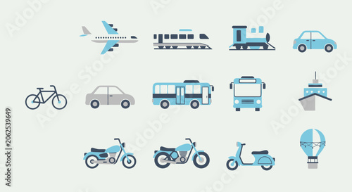 Set of various transportation icons and symbols on a light background