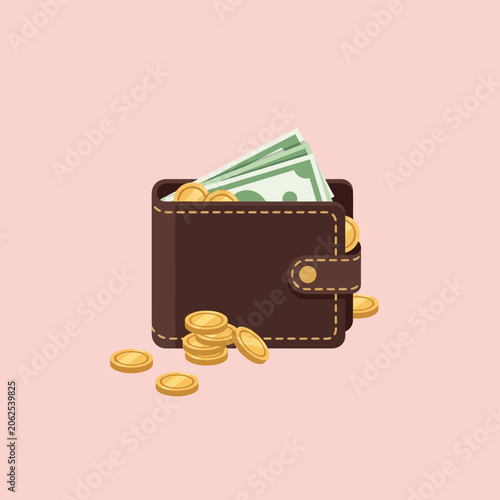 A brown leather wallet full of cash and gold coins