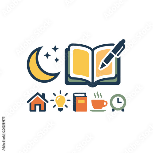 Flat vector icons representing night writing and studying at home