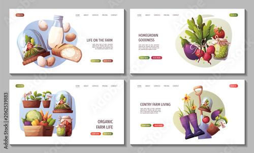 Set of web pages with vegetables, preserves, rubber boots, eggs, milk bottle, bread, glass dome with barn, pots with basil and oregano. Gardening, harvest, farm life, farm market, farming, countryside