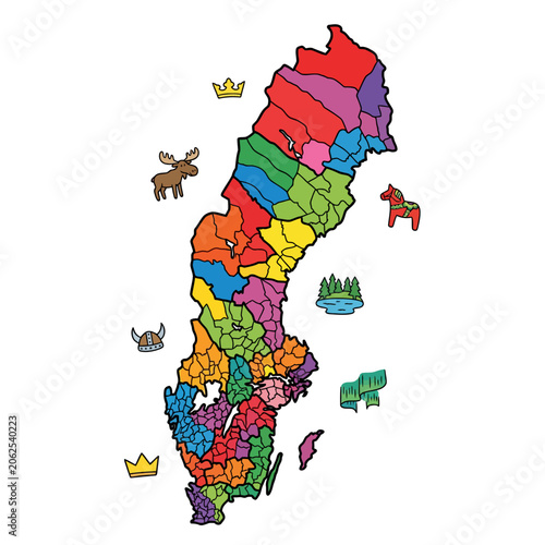 A colorful map illustration featuring various northern nature icons