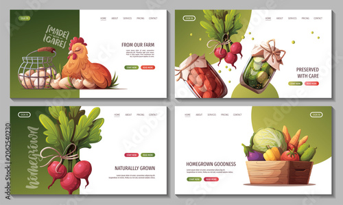 Set of web pages with vegetable preserves, chicken with eggs, radishes, wooden crate with harvest. Gardening, harvest, farm life, farm market, farming, countryside concept. Vector illustrations. 