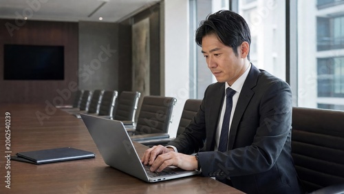 Professional businessman working on laptop in modern office conference room