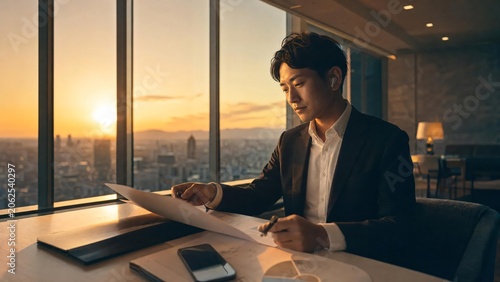 Professional businessman reviewing documents at sunset with city skyline view