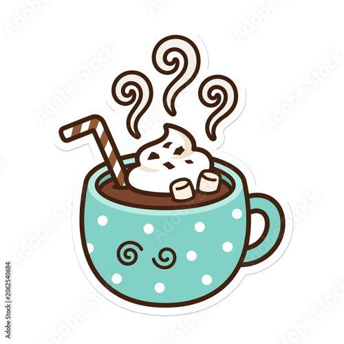 A cute illustration of a hot cocoa mug with whipped cream