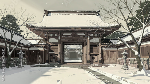 Japanese Temple Gate After Fresh Snowfall
