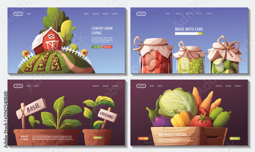 Set of web banners with preserves, vegetables, barn house, pots with basil and oregano. Gardening, harvest, farm life, farm market, farming, countryside concept. Vector illustration for website, banne