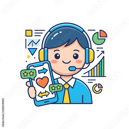 A friendly customer support agent holding a mobile phone device