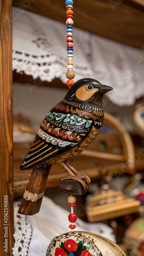 Wooden bird ornament with colorful designs