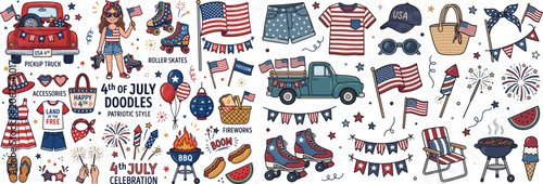 Fourth of July doodles with festive elements like fireworks a truck and patriotic clothing celebrating American freedom