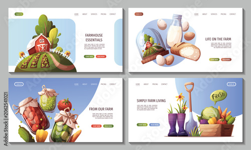 Set of web pages with vegetable preserves, rubber boots, eggs, milk and bread,  farm with barn, wooden crate with harvest. Gardening, harvest, farm life, farm market, farming, countryside concept. Vec