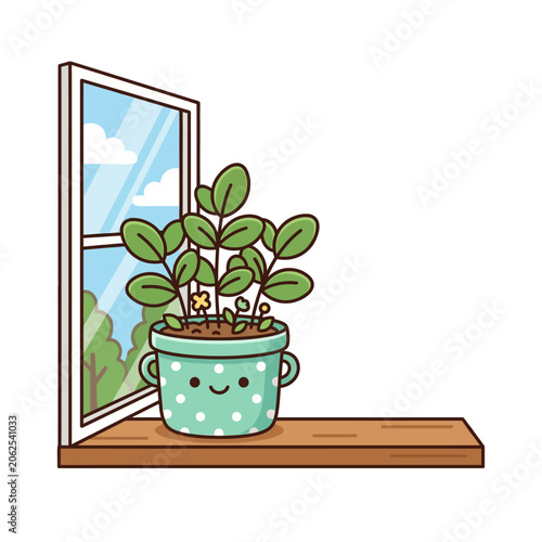 A cute potted plant sits on a sunny wooden windowsill