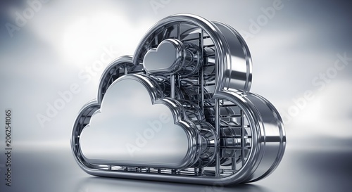 Metallic cloud shaped object with internal structure a 3d rendering with a reflective surface