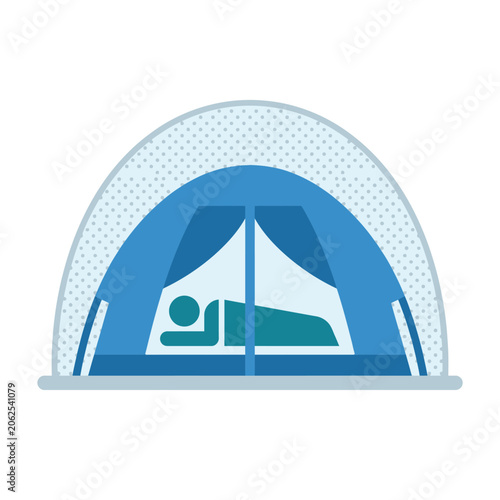 A blue camping tent icon with a person sleeping inside