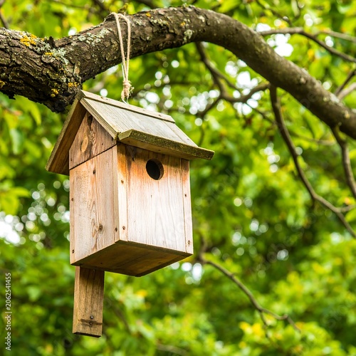 Wooden birdhouse hanging from tree branch