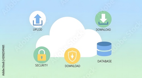 Upload download security and database flat icons with a cloud background pictograms