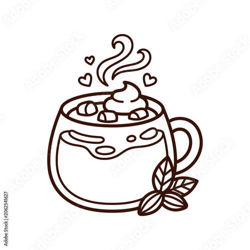 A cute line drawing of a hot cocoa mug with marshmallows
