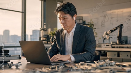 Professional Businessman Working on Laptop in Modern Office with City View