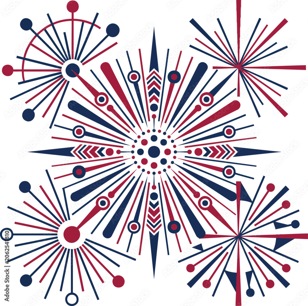 Fototapeta premium Abstract geometric fireworks design in red and blue.