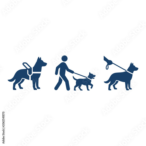 Blue service dog and pet walking icons on white background