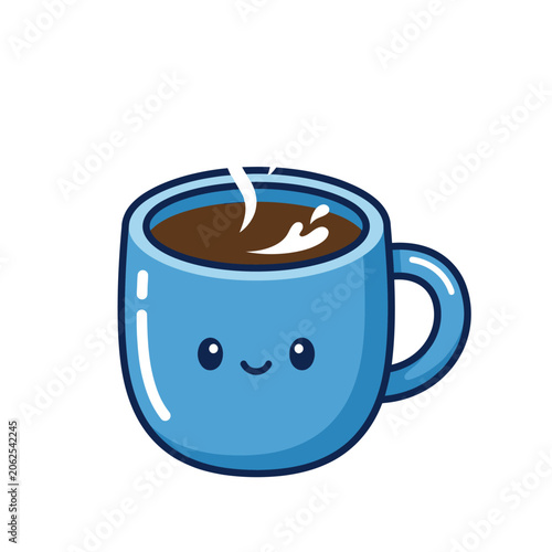 A cute blue coffee mug with a happy smiling face