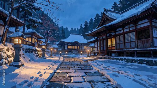 Winter Japanese Temple Path at Blue Hour
