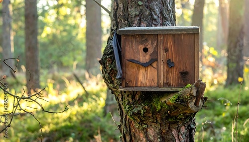 Wooden birdhouse on a tree trunk in a forest