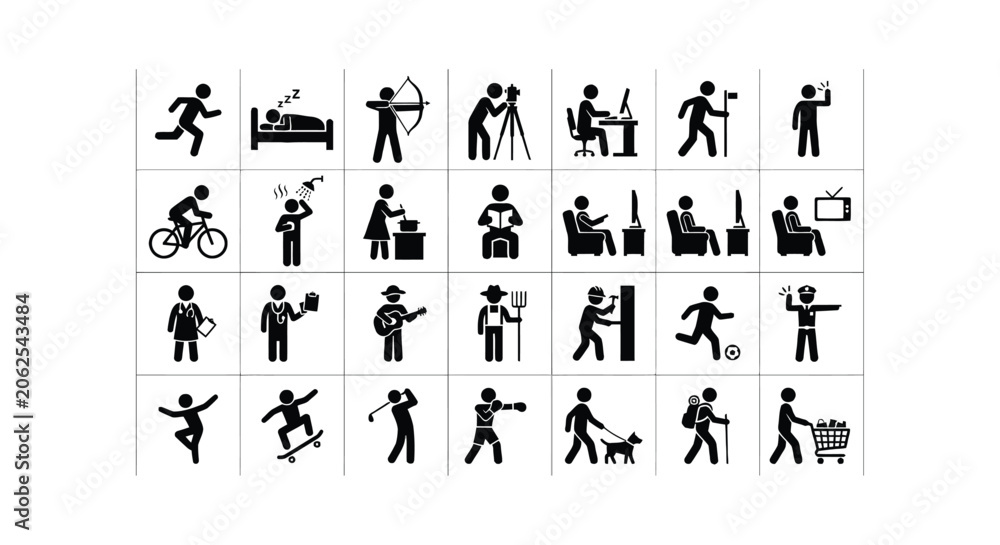 Naklejka premium Human Activity Icons Black Silhouette Set On White Background