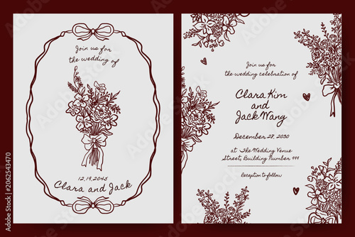 hand drawn wedding save the date invitation with whimsical bouquet flower and ribbon bow frame illustration