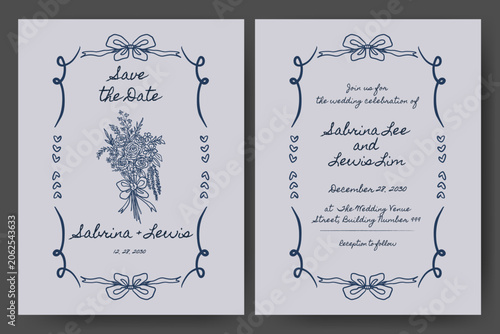 hand drawn wedding save the date invitation with whimsical bouquet flower and ribbon bow frame illustration