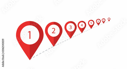Numbered map pins in diminishing size receding into distance
