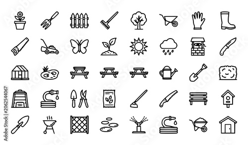 Εκτύπωση καμβά Black Outline Gardening Tools and Outdoor Nature Icons Pack with Trees Greenhous