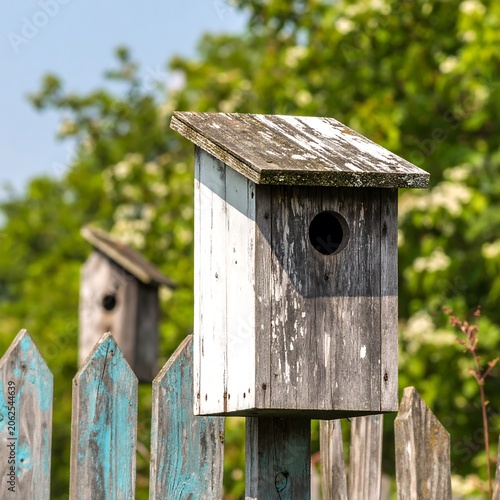 Wooden birdhouses on a fence