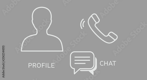 User profile, phone call, and chat communication icons on grey background.