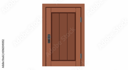 Simple brown wooden door with a black knob and hinges