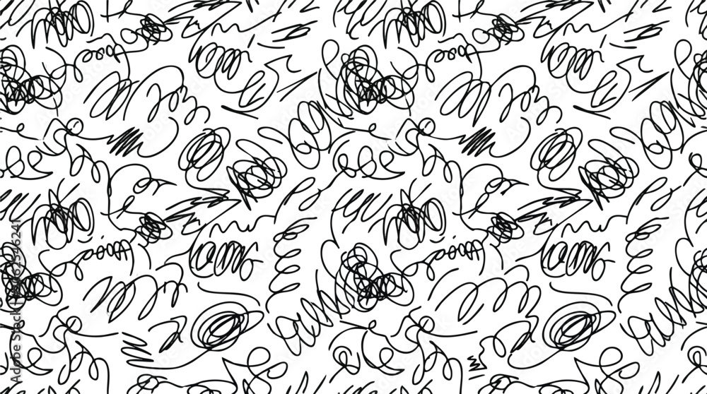 Fototapeta premium Seamless Abstract Background Featuring Messy Hand-Drawn Scribbles and Chaotic Ink Lines in a Monochromatic Black and White Artistic Pattern