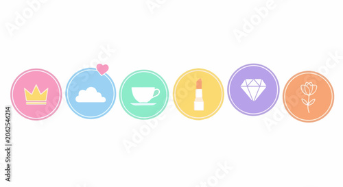 Six circular icons crown, cloud, teacup, lipstick, diamond, flower